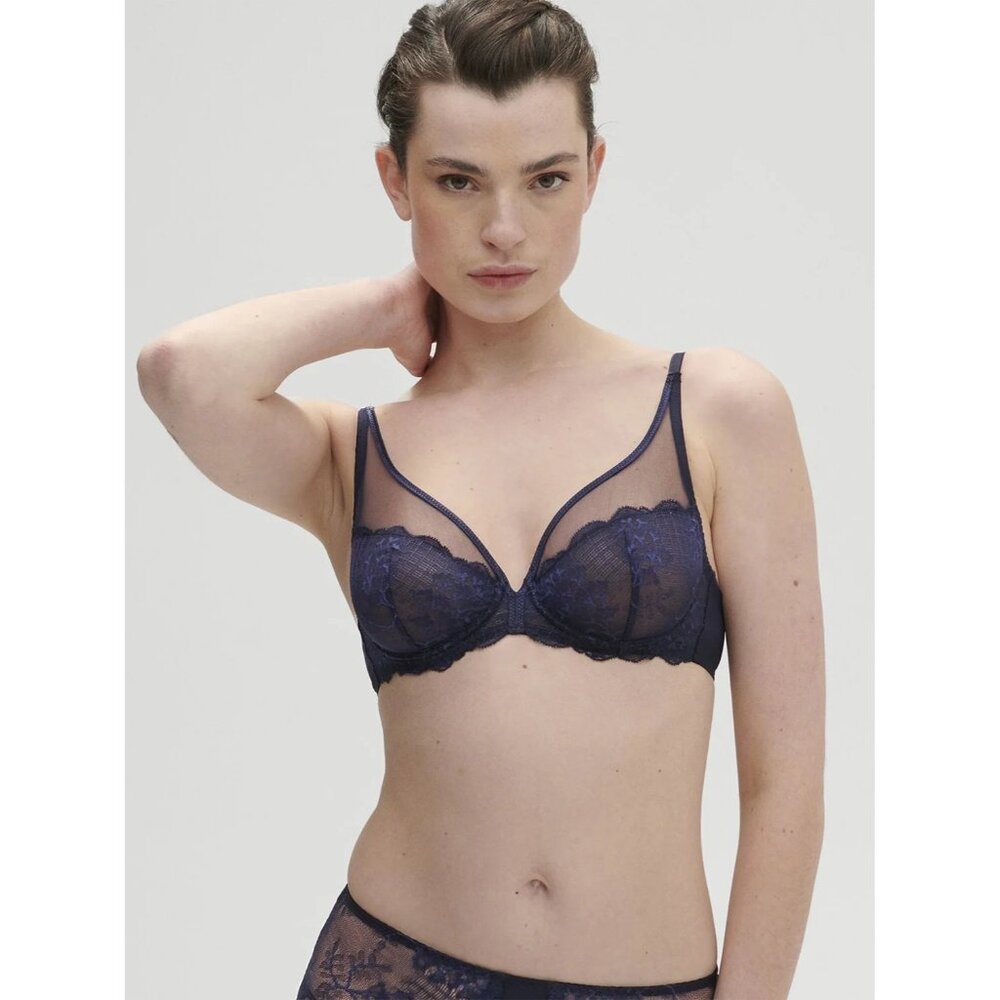 Simone Perele Reve Full Plunge Sheer Underwire Non-Padded Bra Blue 36d #12z319 View 2